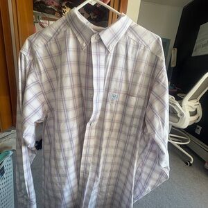 Ariat Men's Plaid Button-Down Shirt in White with Blue and Pink Stripes